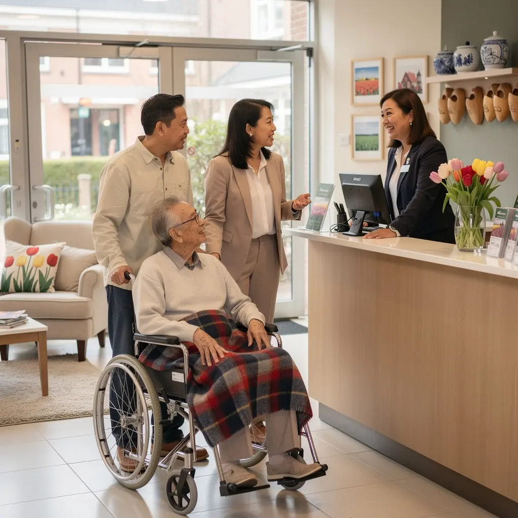Een vriendelijke verzorger helpt een oudere man met dagelijkse activiteiten in zijn woonkamer.